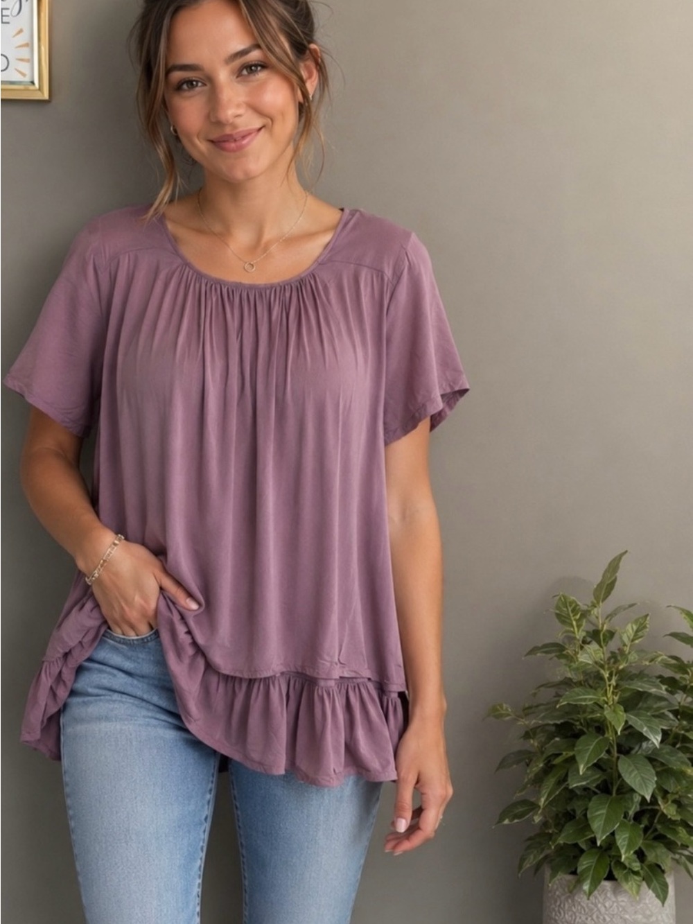 Easel Raven Double Layered Tunic Small Mauve Ruffle-Hem Short Sleeve Top